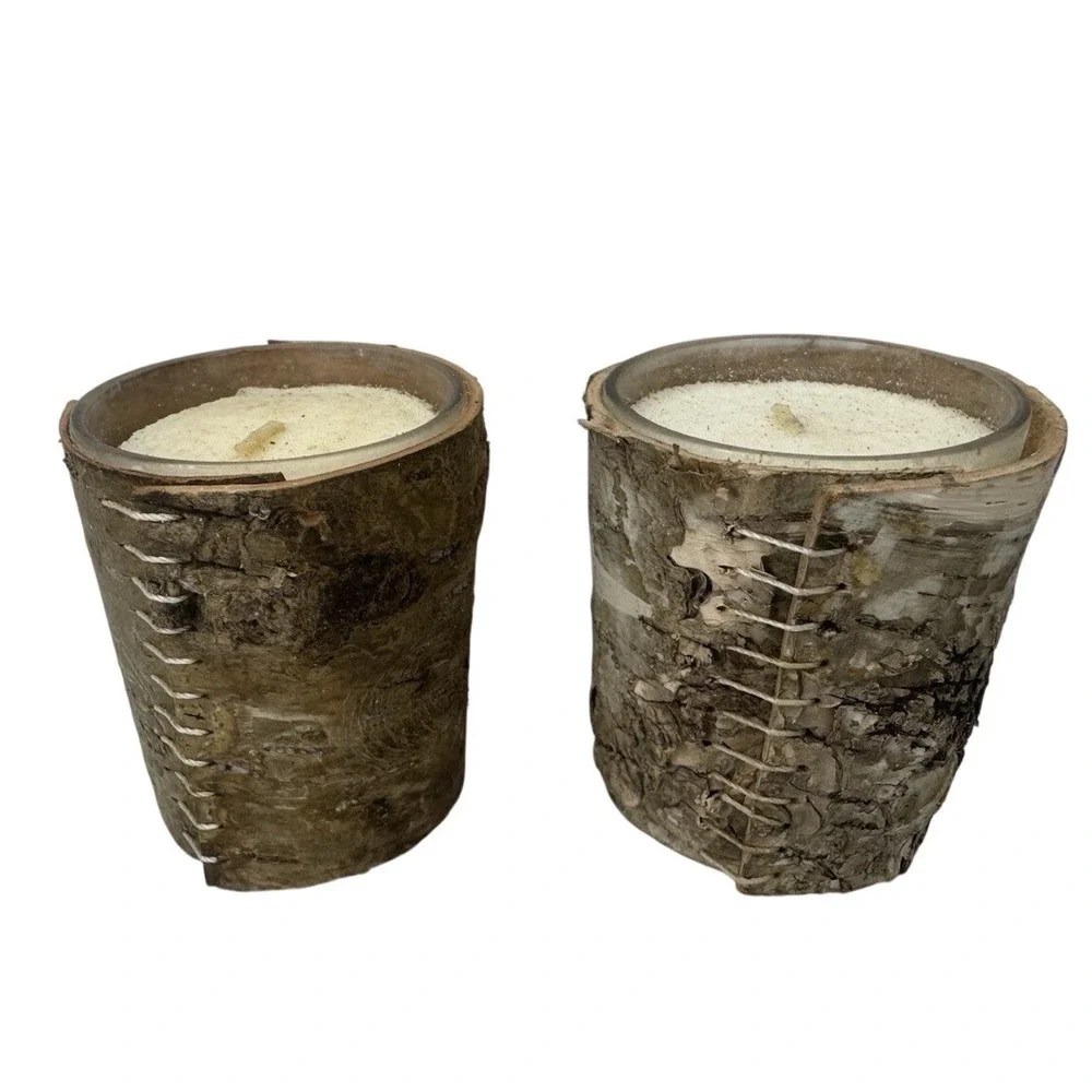 Crate & Barrel Birch Wrapped Votive Candles‎ Lot of 2 Rustic Wood Candles NEW